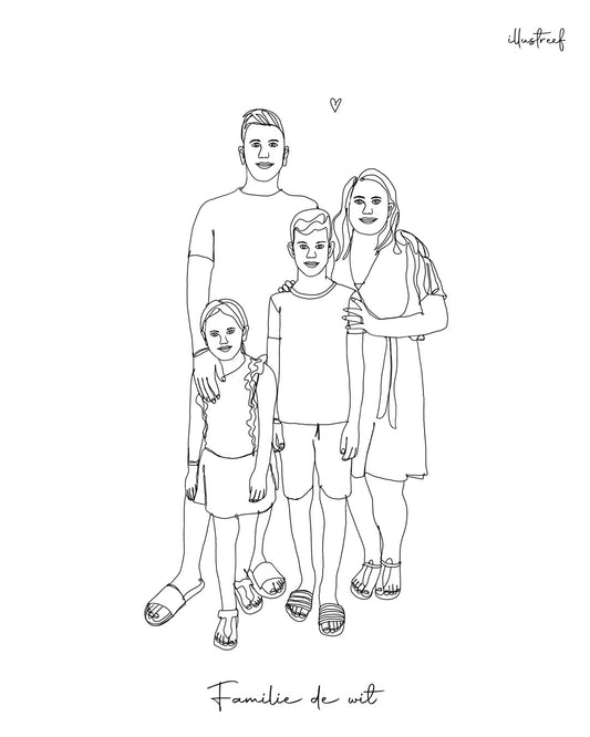 Portrettekening zwart/wit - 4 personen (ingelijst)