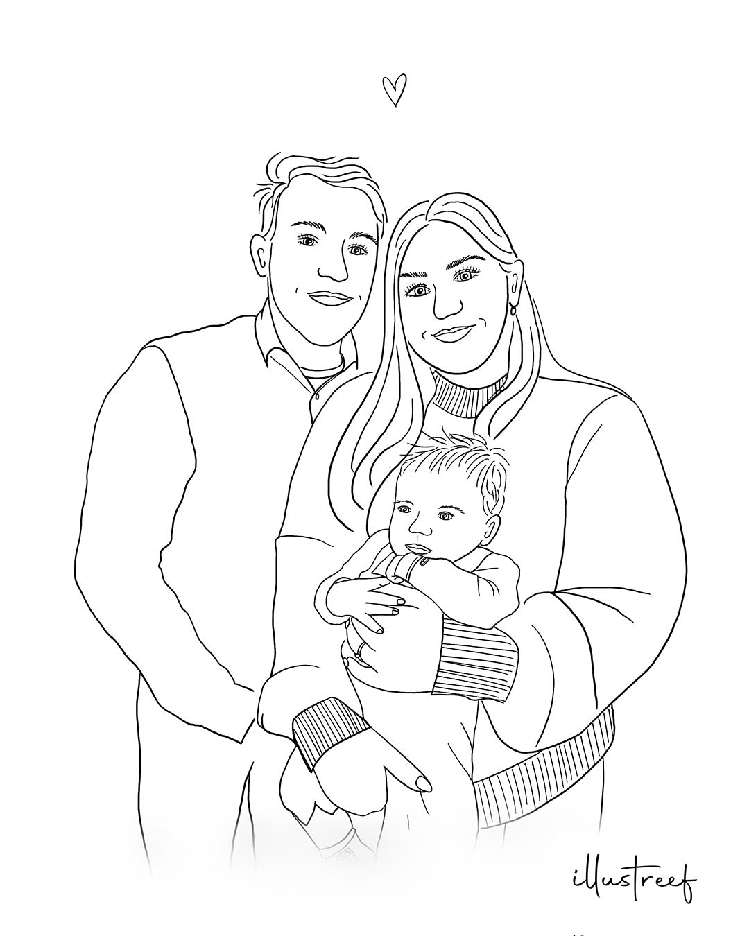 Portrettekening zwart/wit - 2 personen met baby of huisdier (ingelijst)