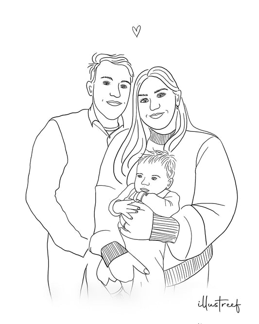 Portrettekening zwart/wit - 2 personen met baby of huisdier (ingelijst)
