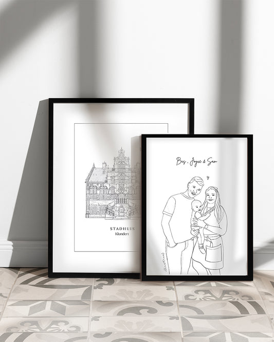Portrettekening zwart/wit - 2 personen met baby of huisdier (digitaal)